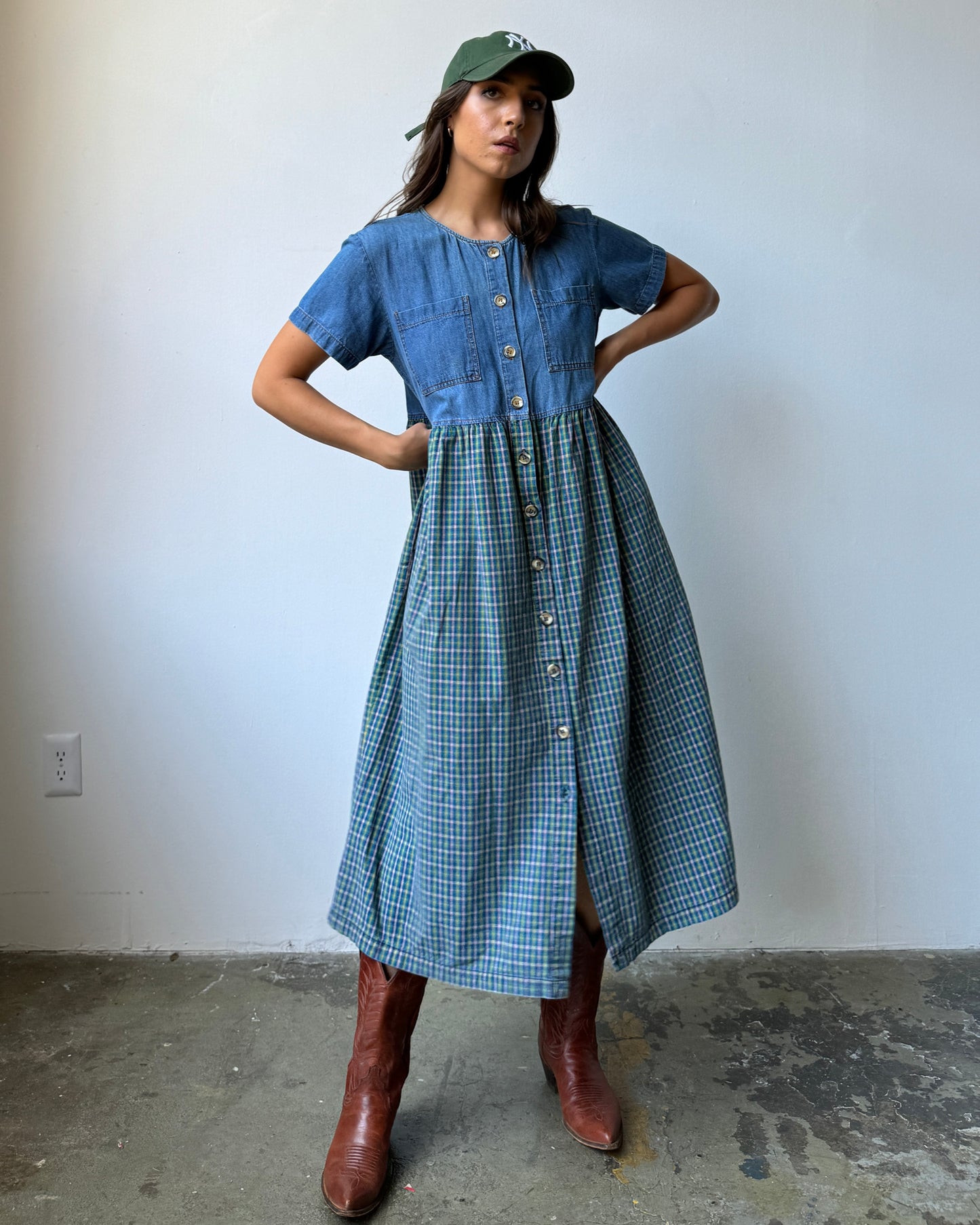 Denim & Plaid Swing Dress -S/M/L