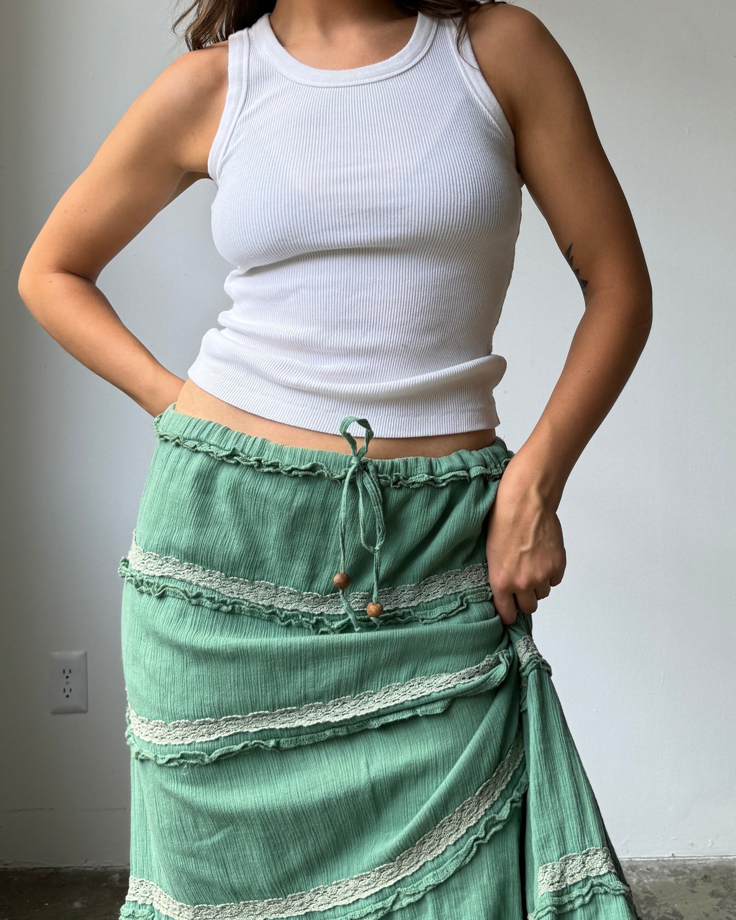 90's/Y2K Tiered Sage Green Maxi Skirt - S/M/L