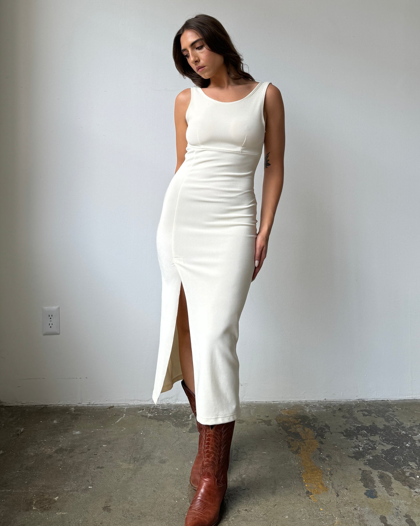 80's Cream Bodycon Midi Dress- S