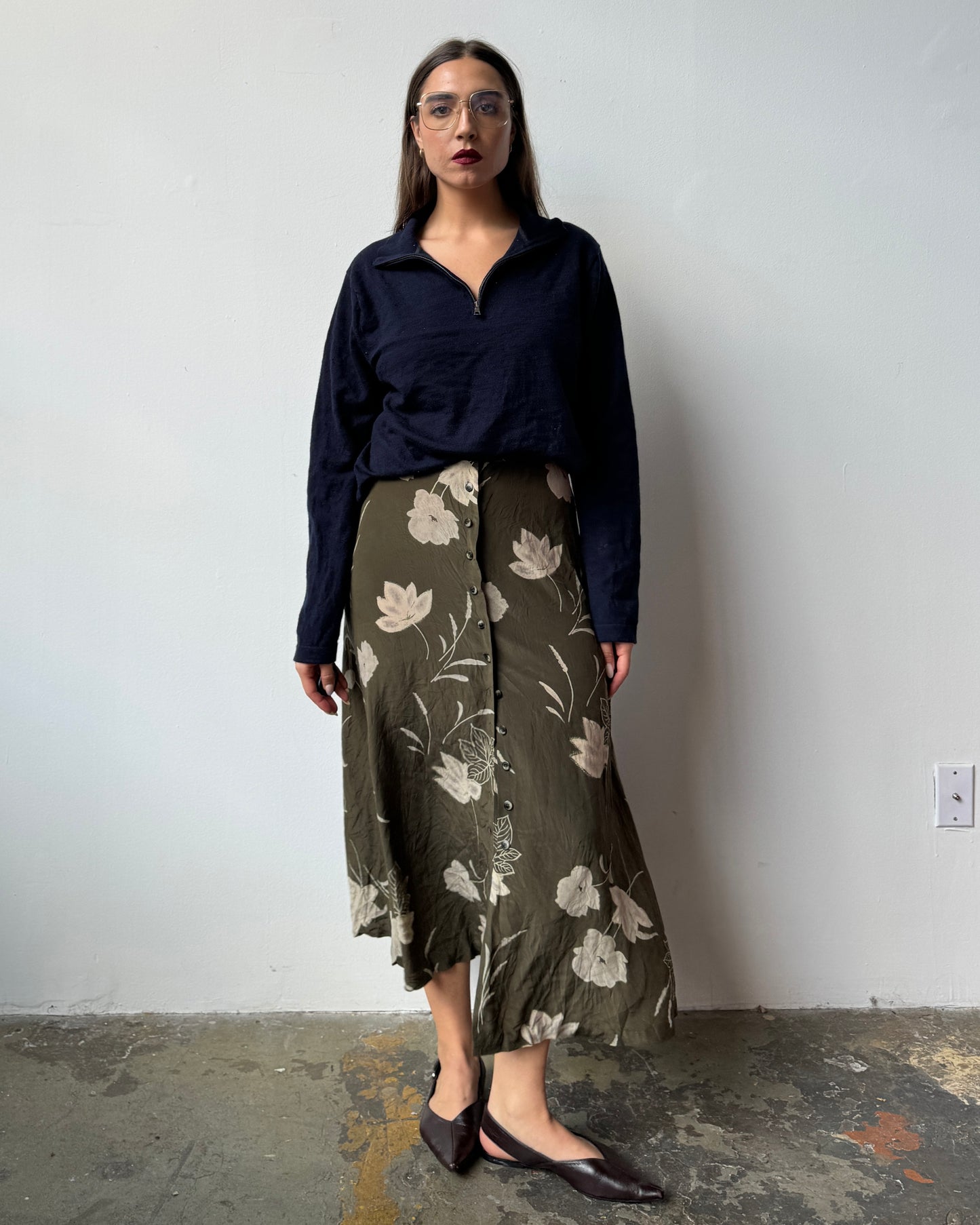 Olive Floral Silk Skirt- L