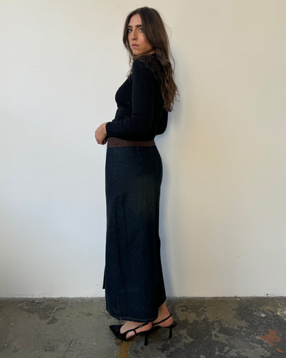 Contrast Belt Denim Maxi Skirt - 4/6