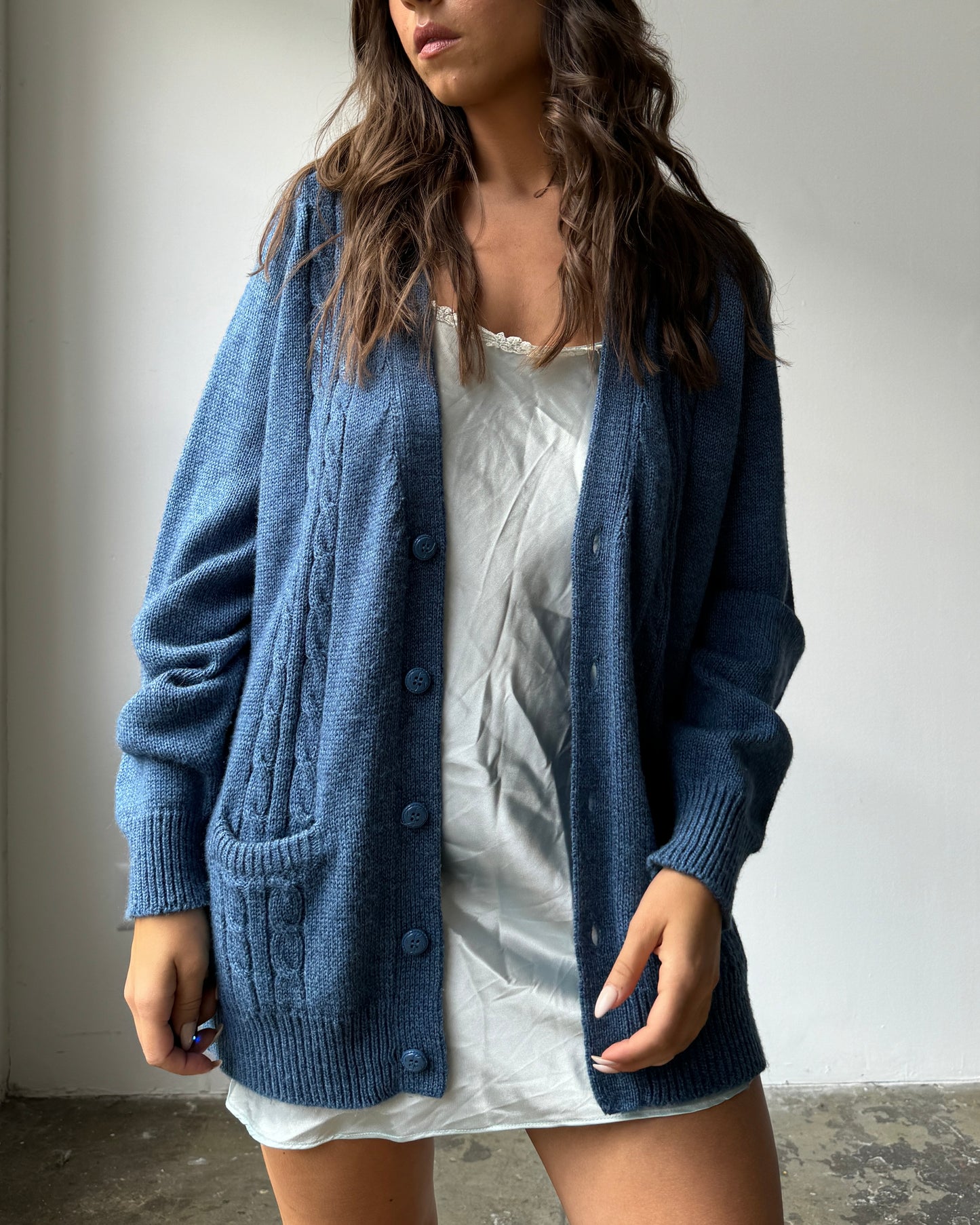 60's/70's Steel Blue Soft Knit Wool Blend Cardigan -XL