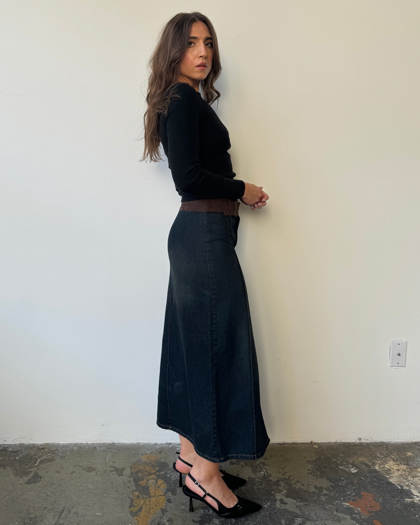 Contrast Belt Denim Maxi Skirt - 4/6