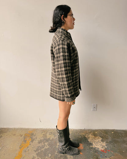 Chocolate Checked Merino Wool Zip Front Shacket- L/XL