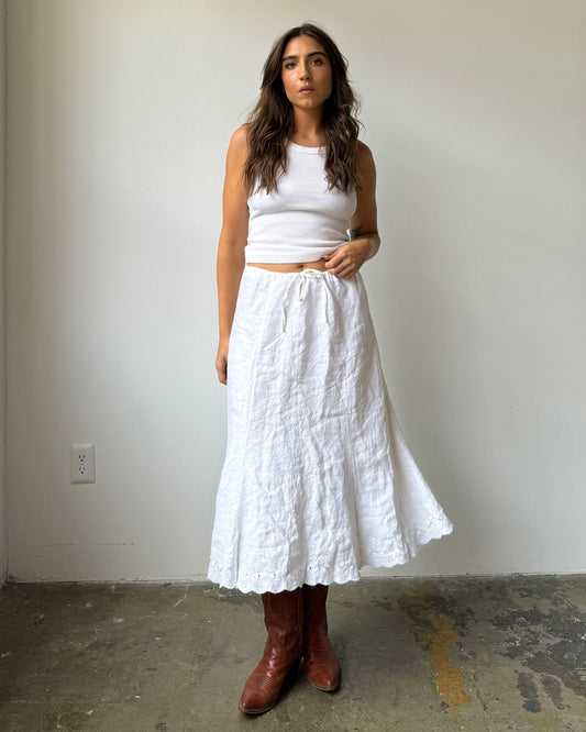 90's/Y2K 100% Linen Embroidered Eyelet Hem Midi Skirt- S/M/L