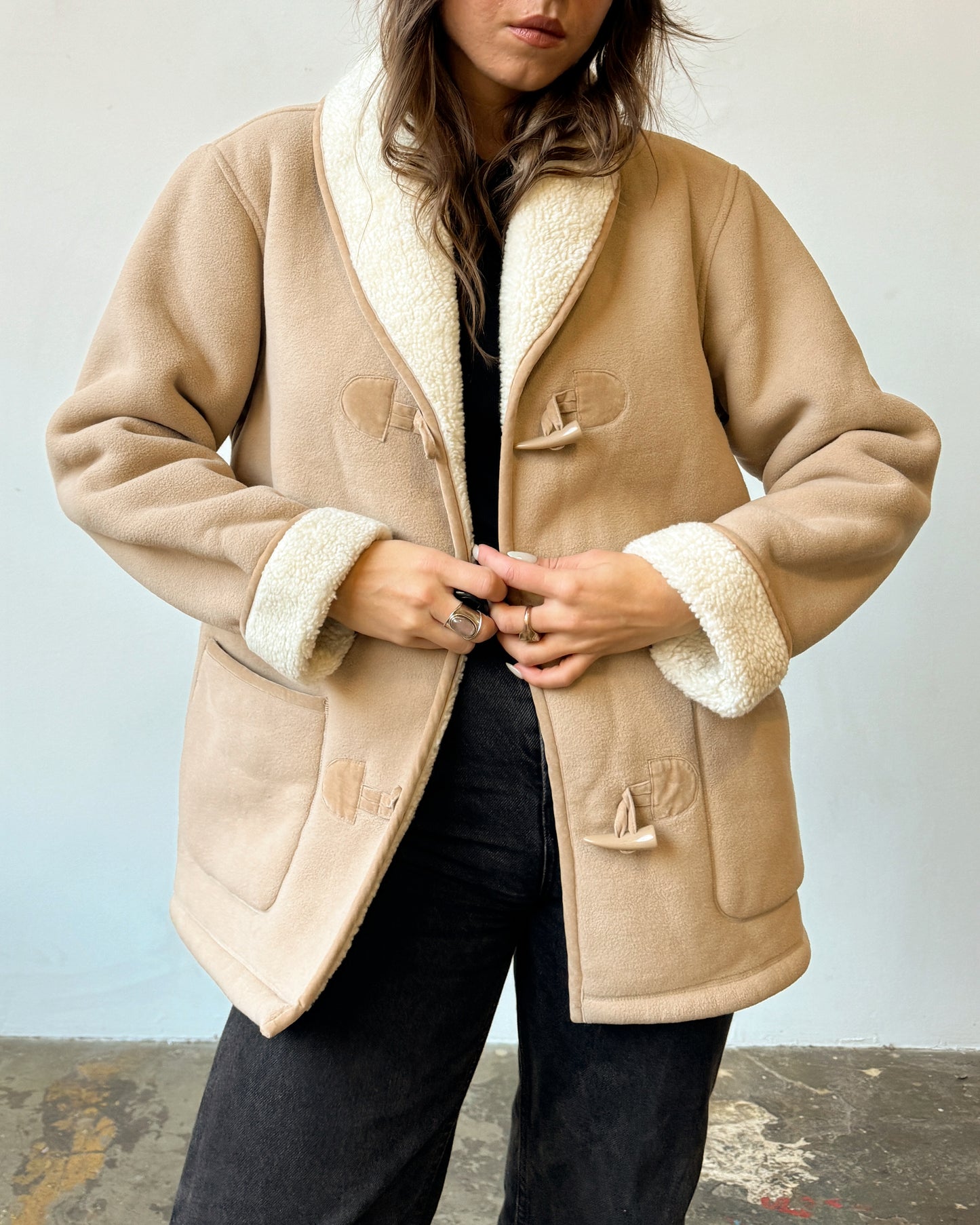 Faux Sherpa Fleece Button Front Coat - M