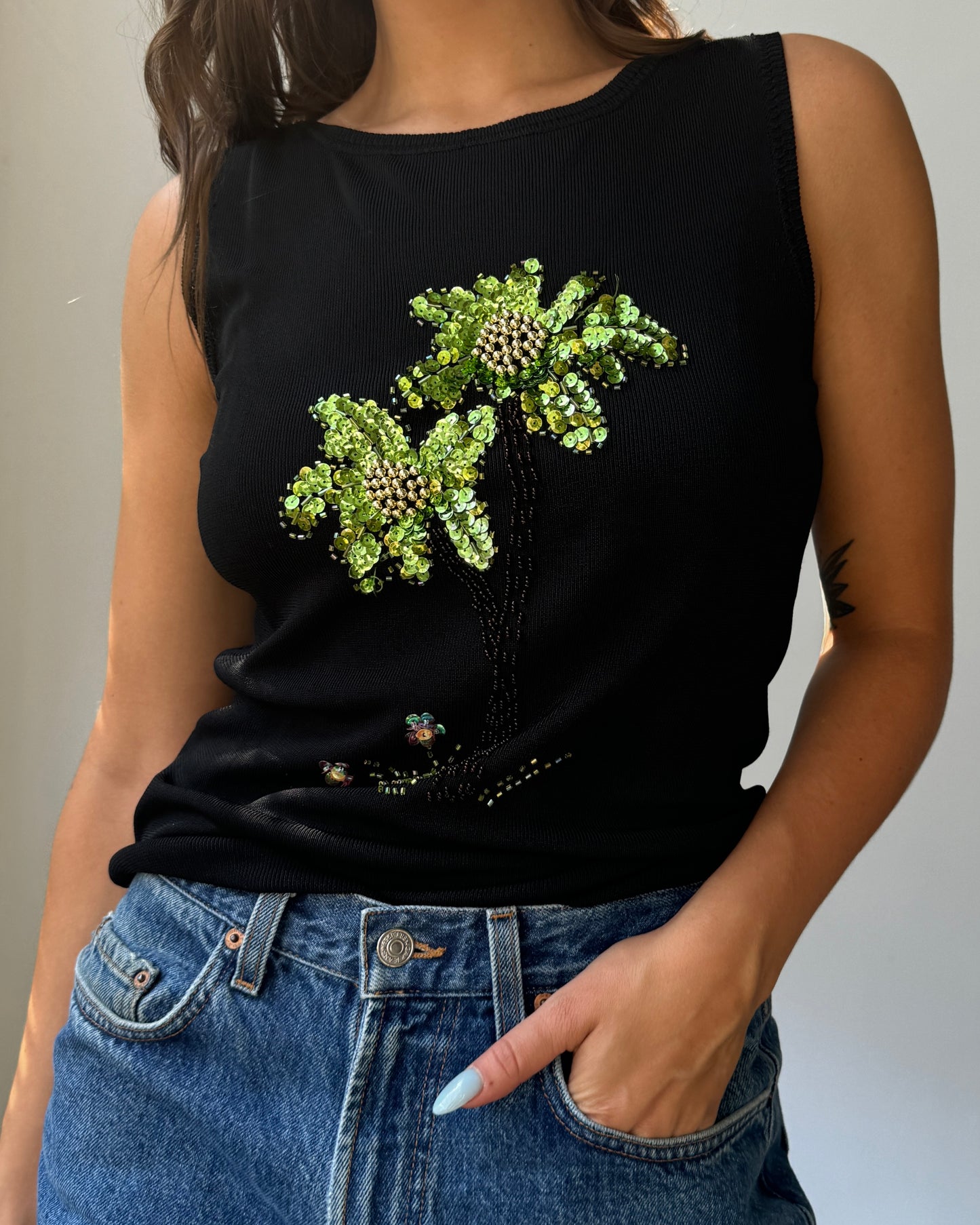 Sequin Palm Tree Tank Top - M