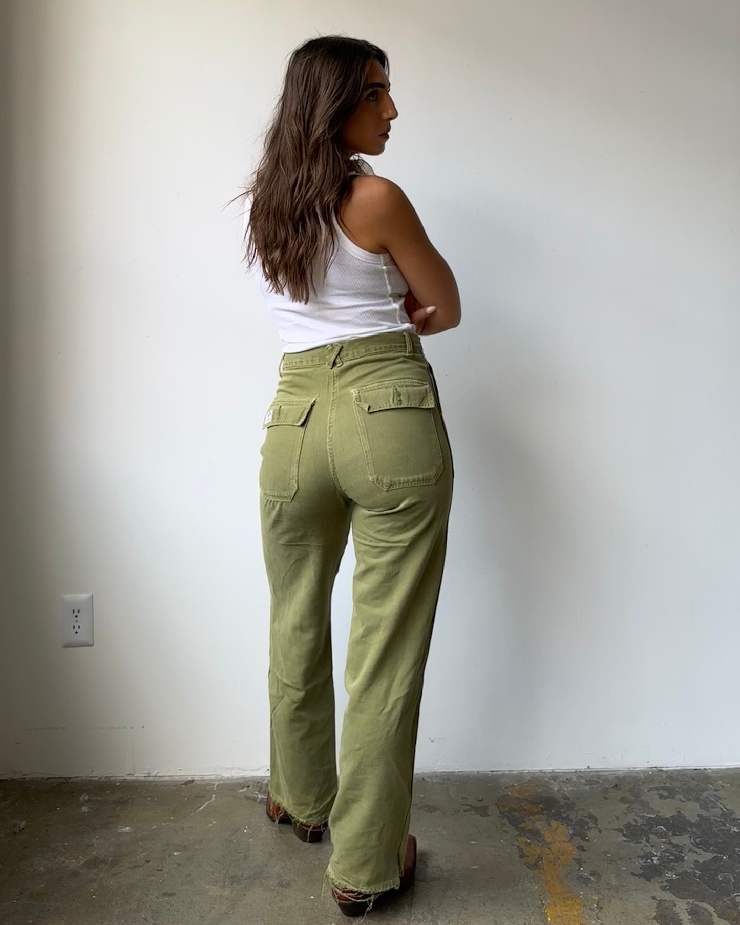 50's 100% Cotton Distressed Olive Workwear Pant- 4/6