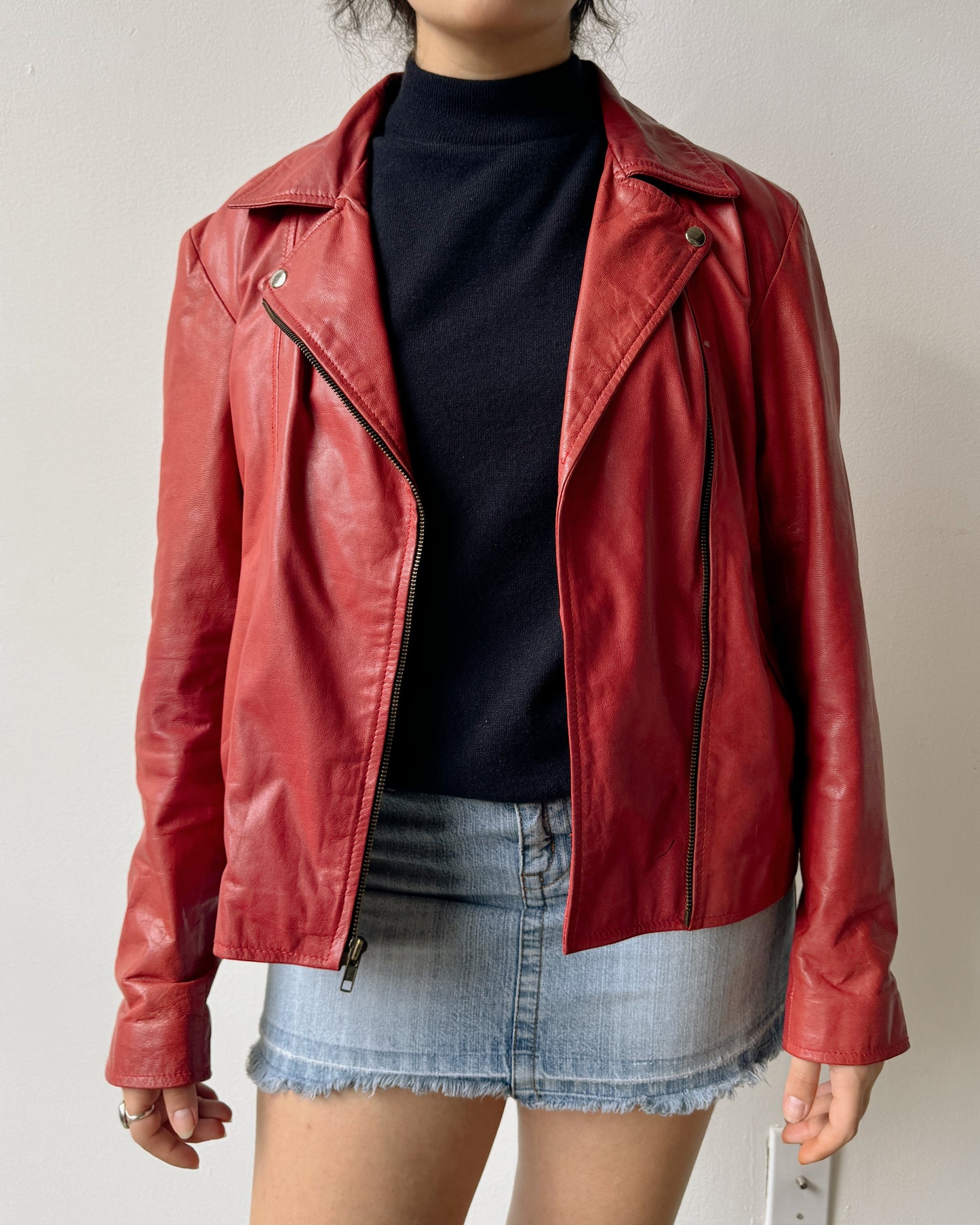 Cherry Leather Moto Jacket -L