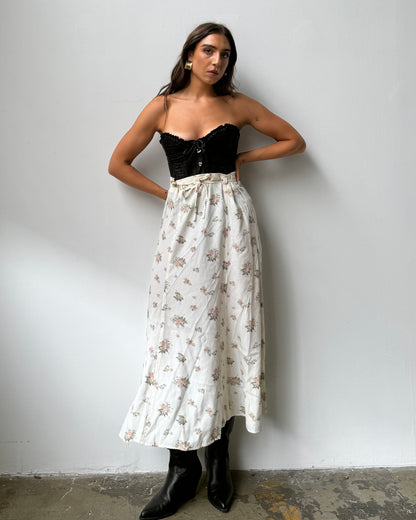 80's Cream Floral Midi Skirt- S/M/L