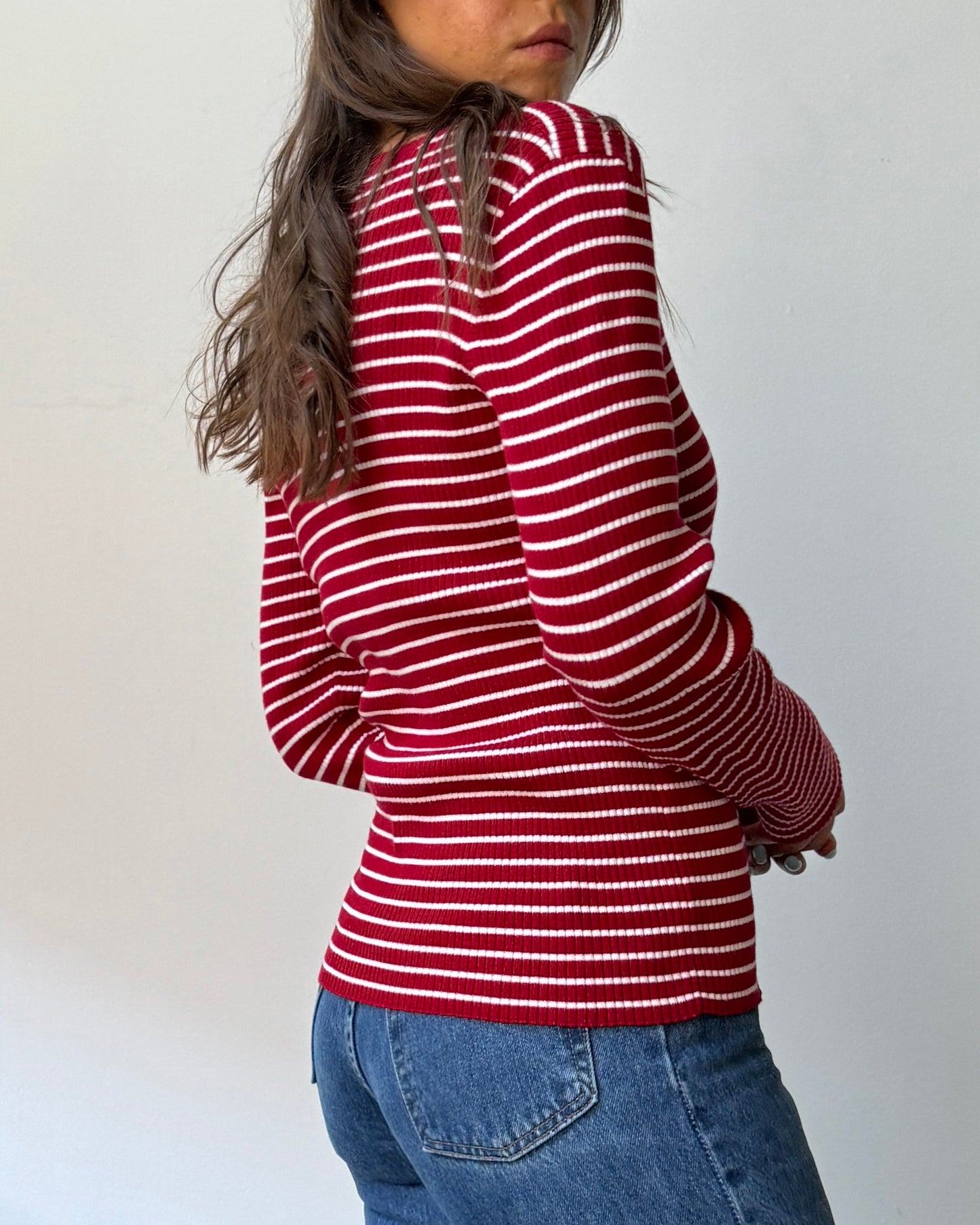 90's Cherry Striped Button Front Ribbed Top - S