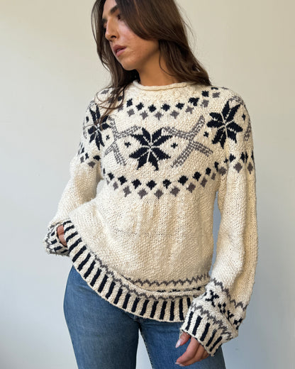 Snowflake Motif Mockneck Cotton Blend Sweater- M