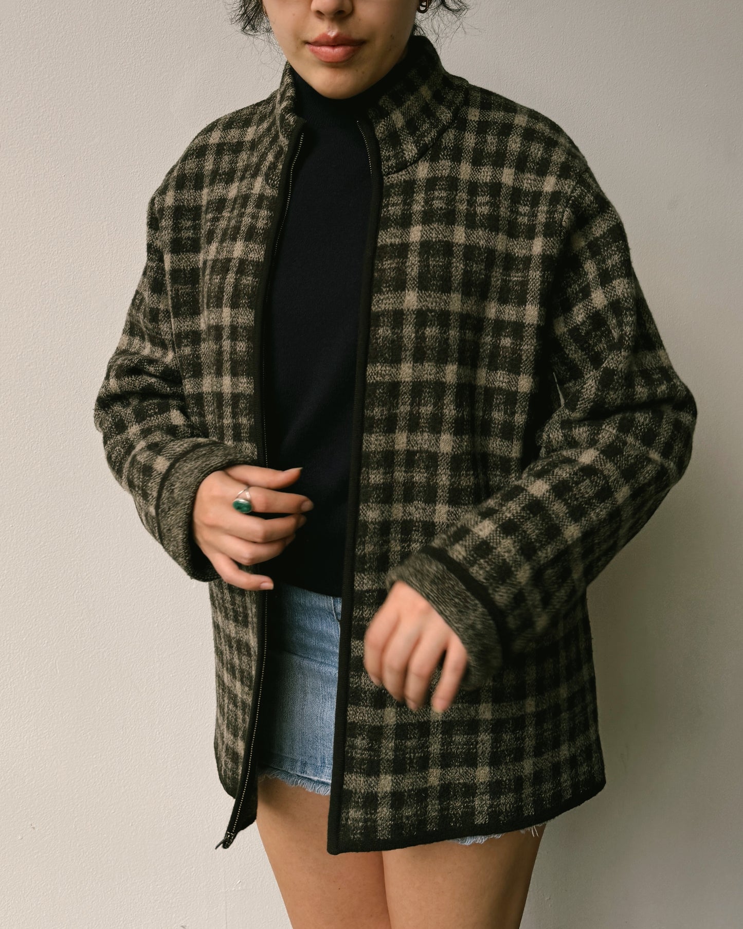 Chocolate Checked Merino Wool Zip Front Shacket- L/XL