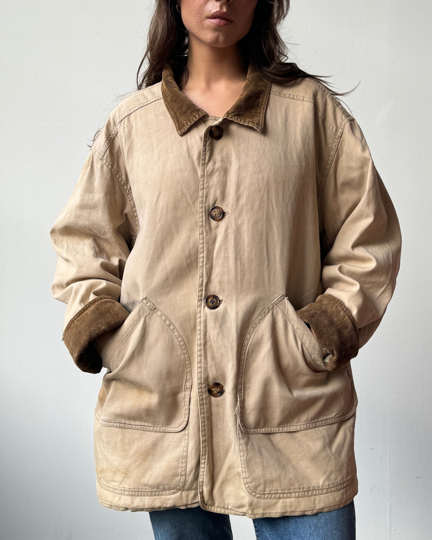 Distressed Corduroy Collar Chore Jacket - L