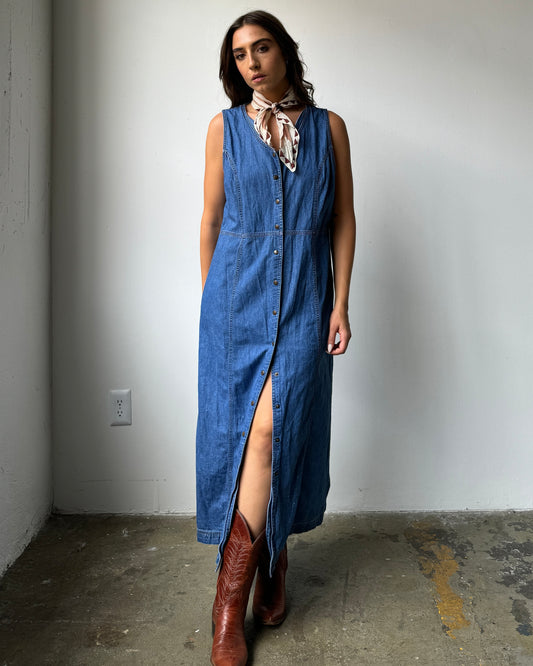 90's Eddie Bauer Distressed Denim Maxi Dress- XL