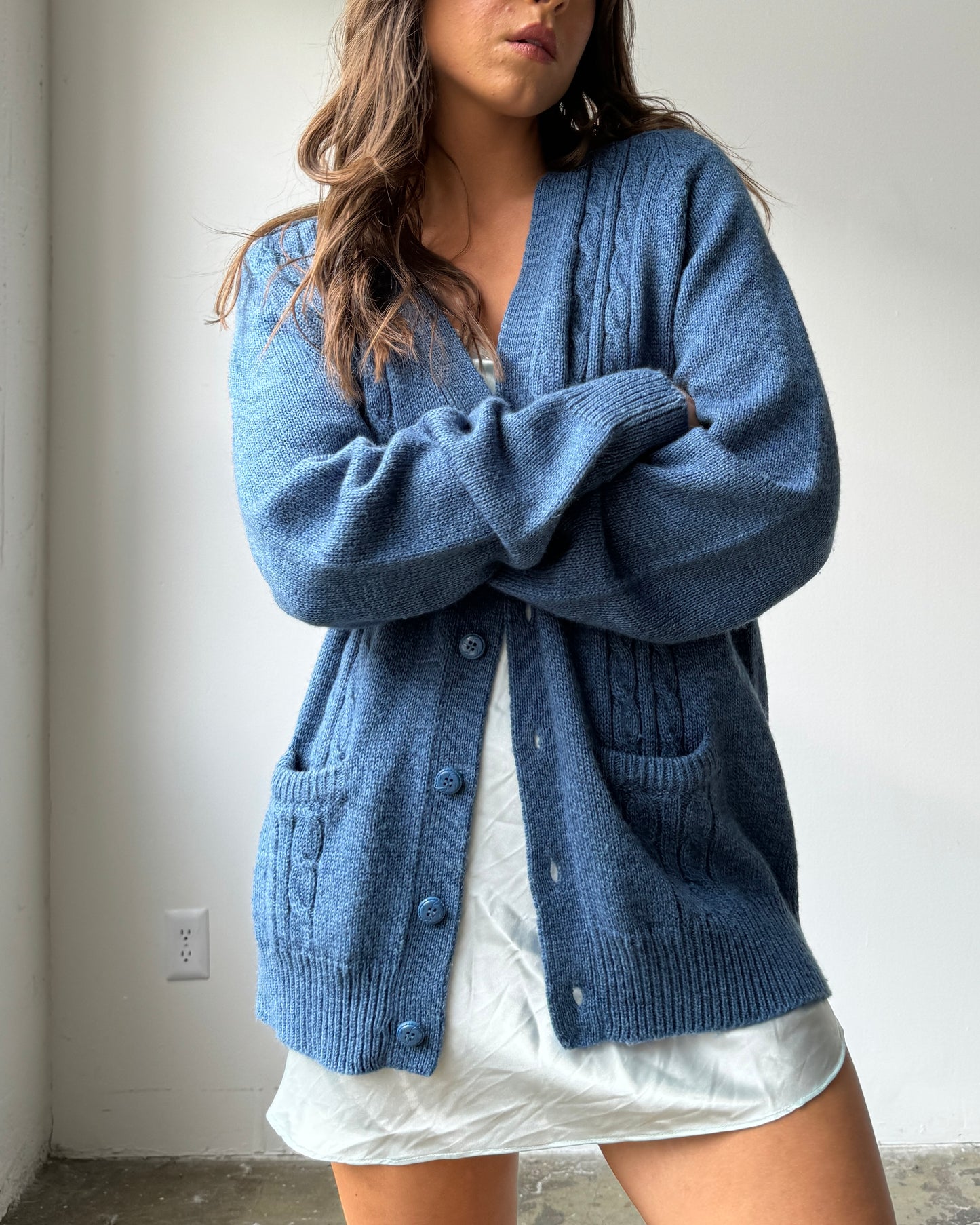 60's/70's Steel Blue Soft Knit Wool Blend Cardigan -XL