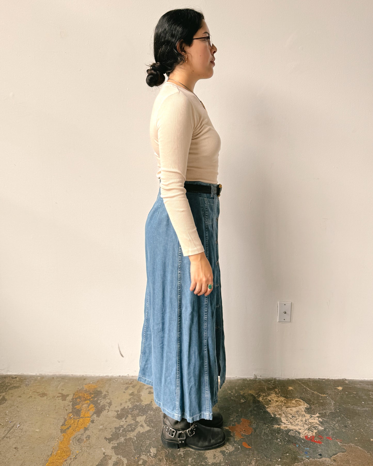 Button Front 100% Cotton Denim Maxi Skirt- 8/10