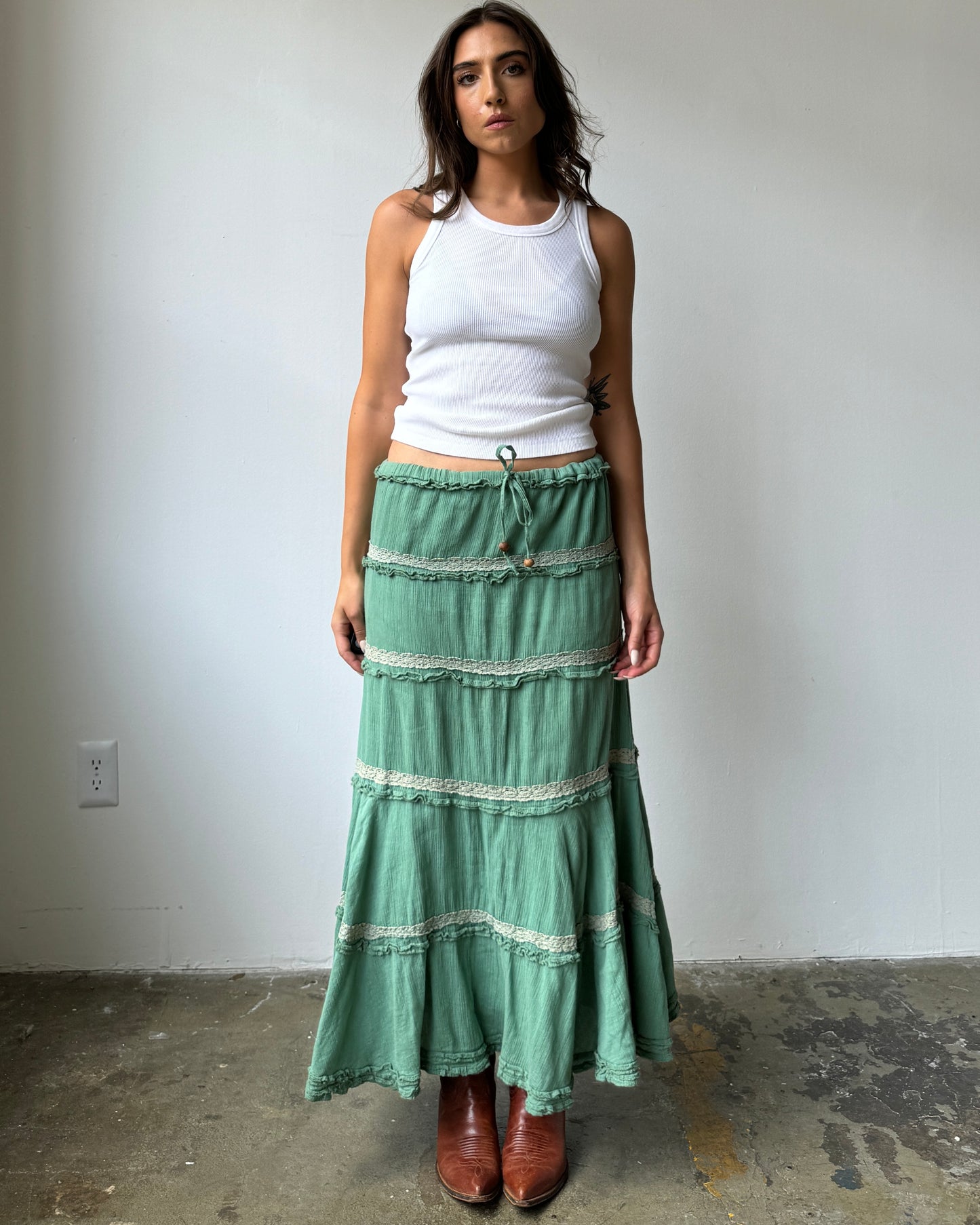 90's/Y2K Tiered Sage Green Maxi Skirt - S/M/L