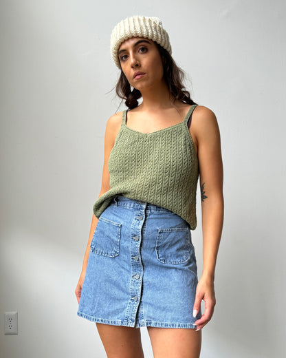 90's Sage Green 100% Cotton Crochet Tank Top - M/L