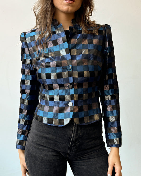 Lightweight Silk Checkered Blazer Jacket - S