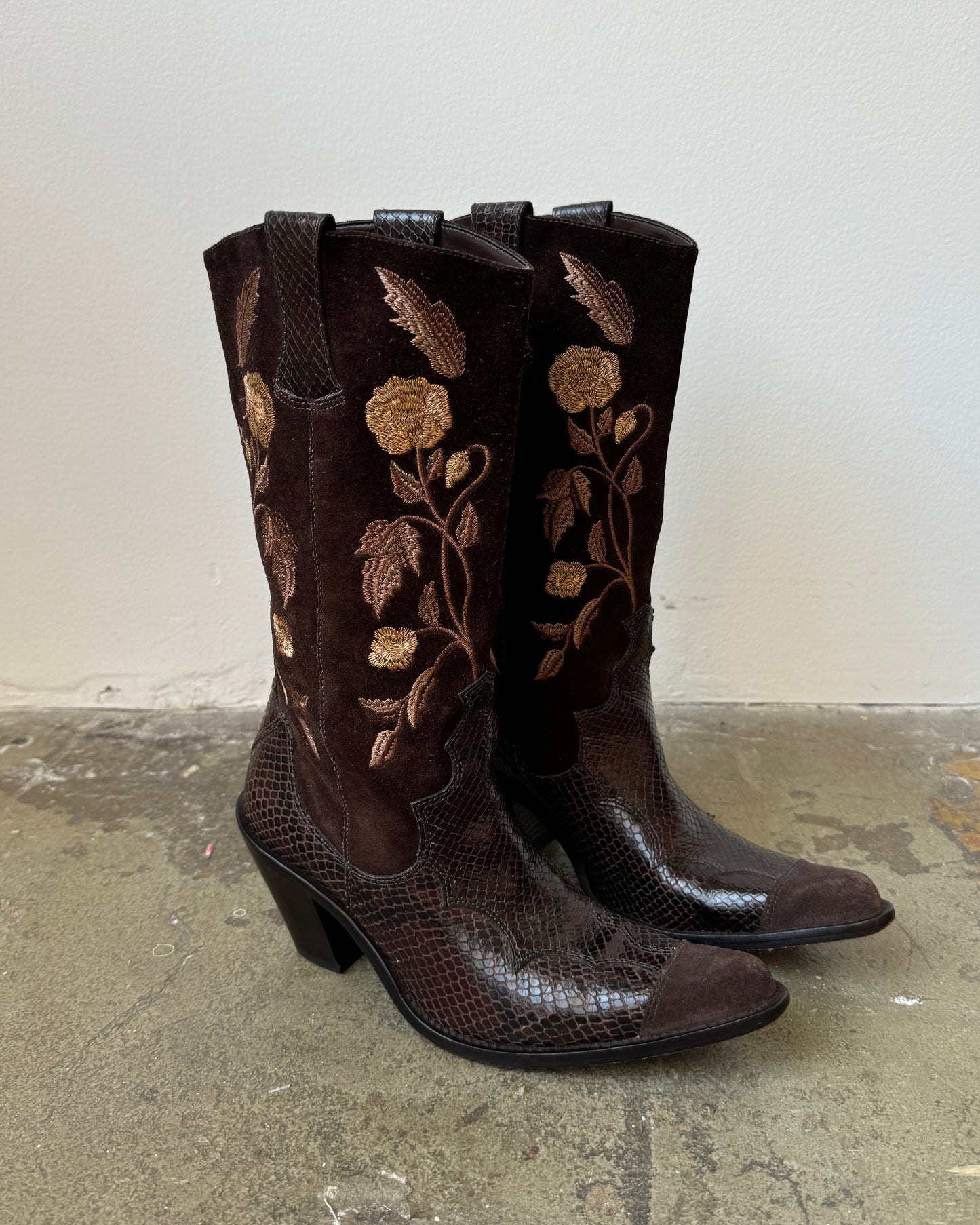 Antonio Melani Chocolate Embroidered Cowboy Boots- 6.5