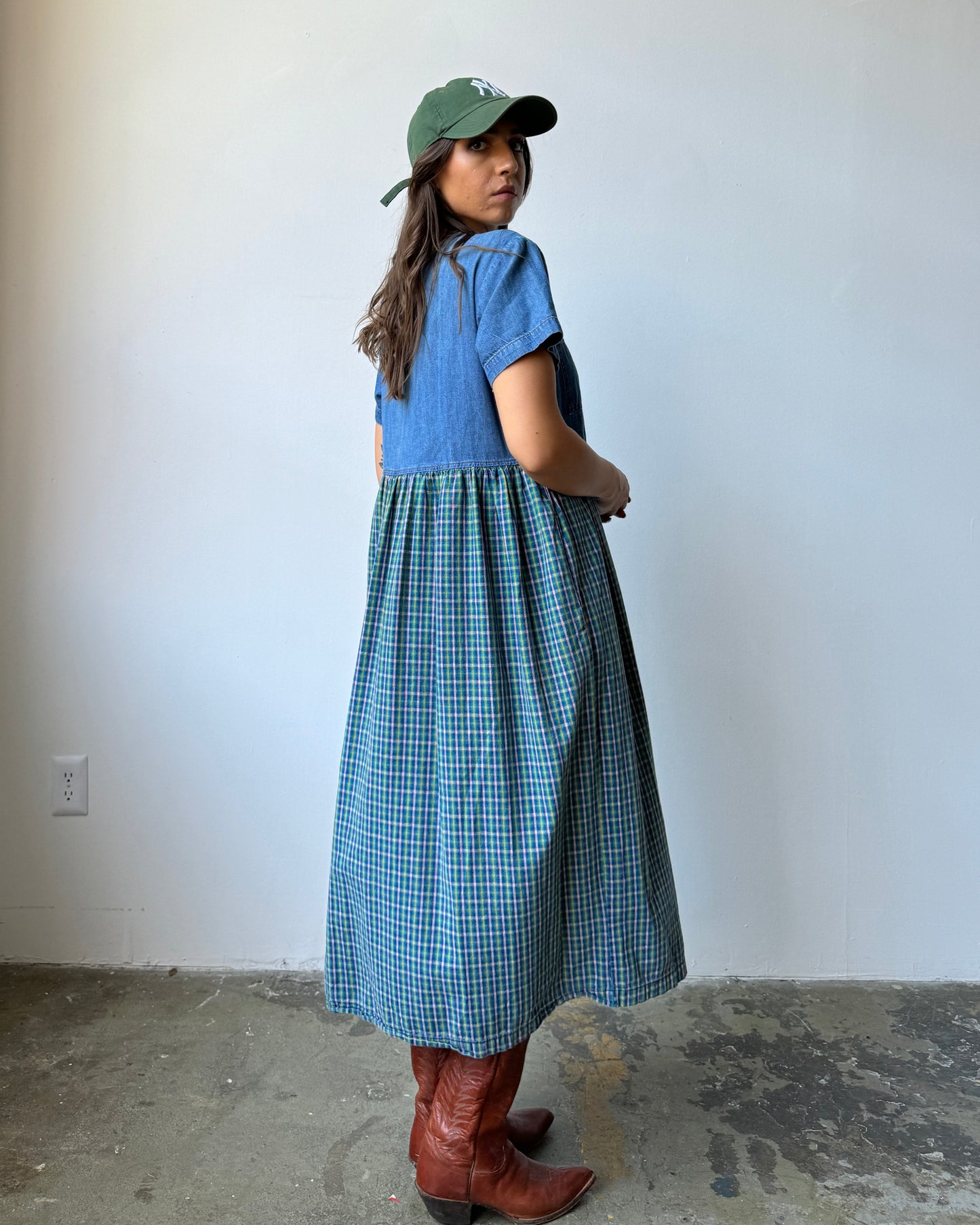 Denim & Plaid Swing Dress -S/M/L