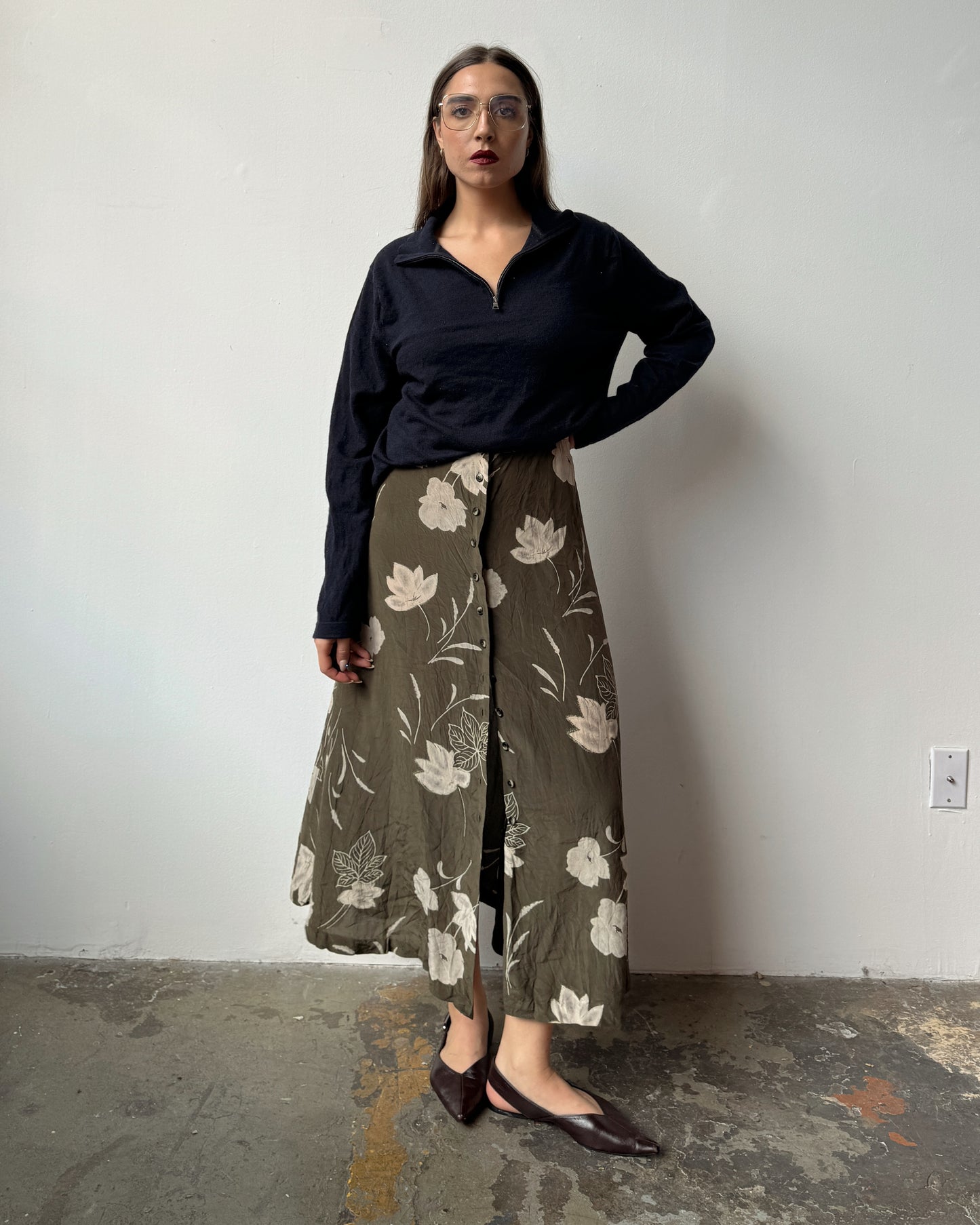 Olive Floral Silk Skirt- L