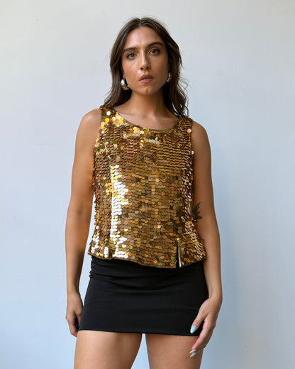 80's Gold Sequin Silk Top- L