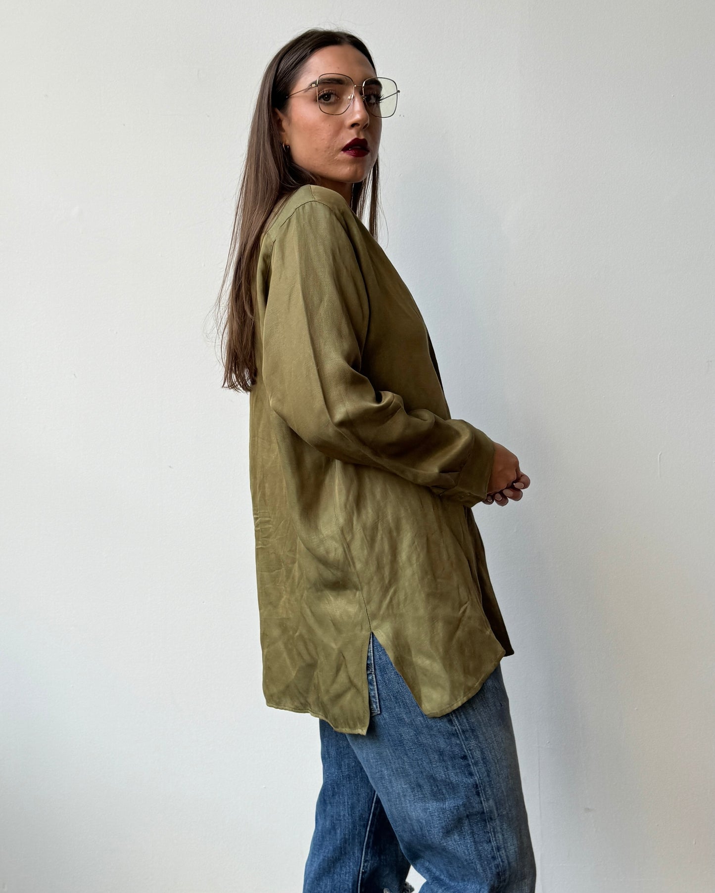 Halston Olive Green Button Down - S/M