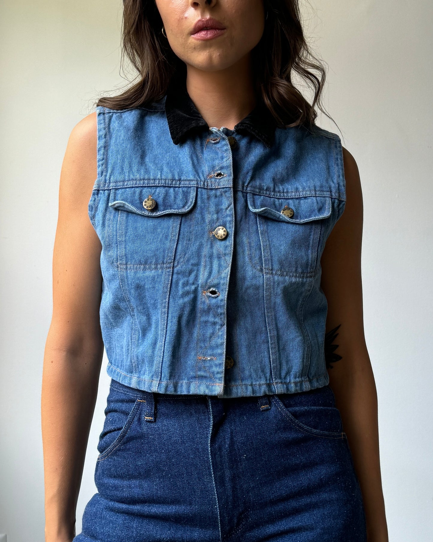 90's Contrast Collar Denim Vest Top- XS/S/M