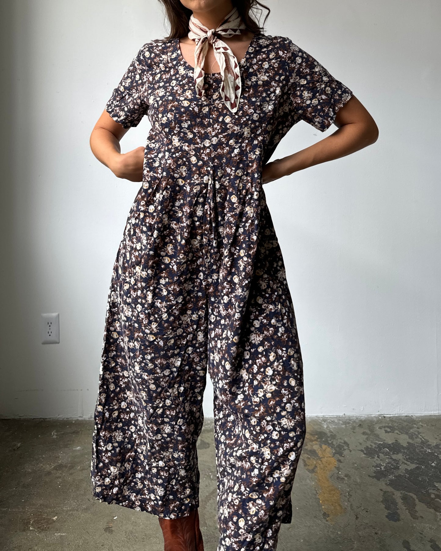 80's Floral Oversized Jumpsuit - L