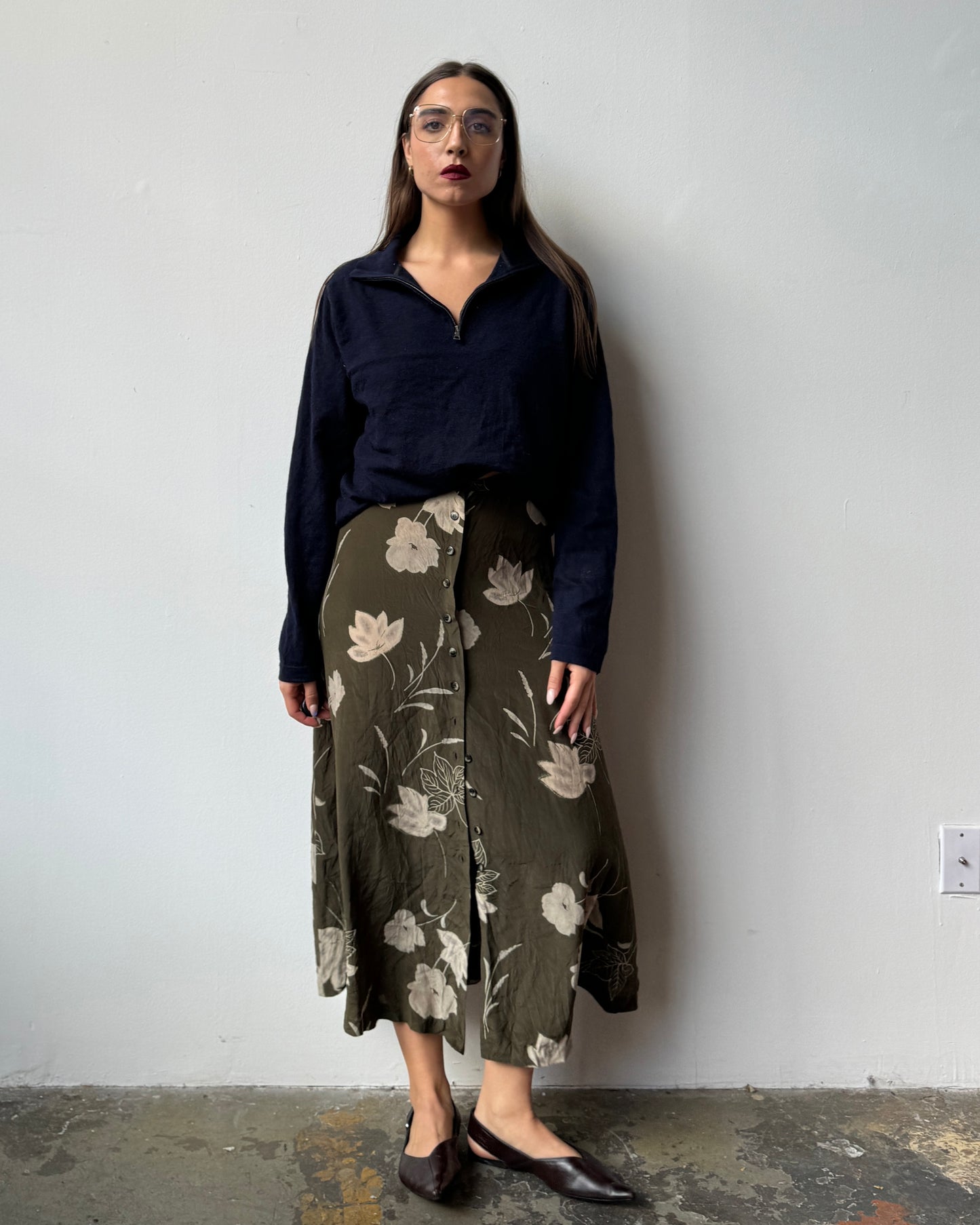 Olive Floral Silk Skirt- L