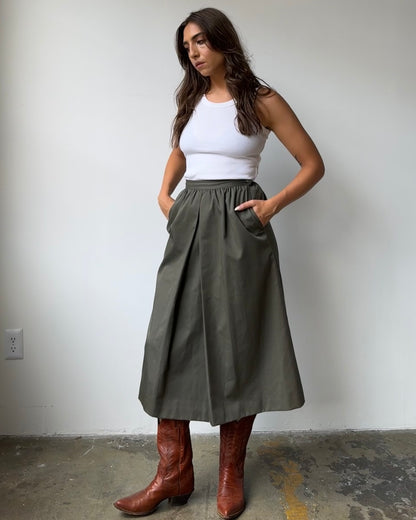 90's Land's End Olive Structured Midi Skirt - S