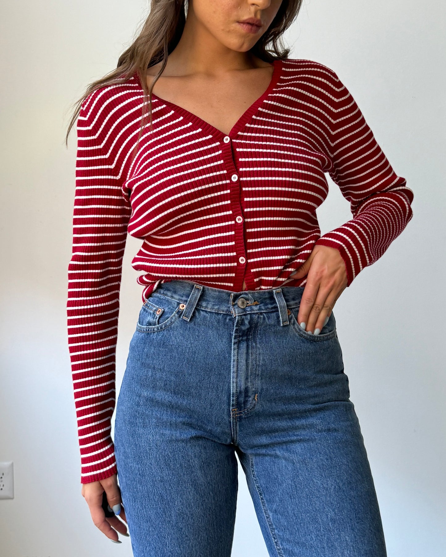 90's Cherry Striped Button Front Ribbed Top - S