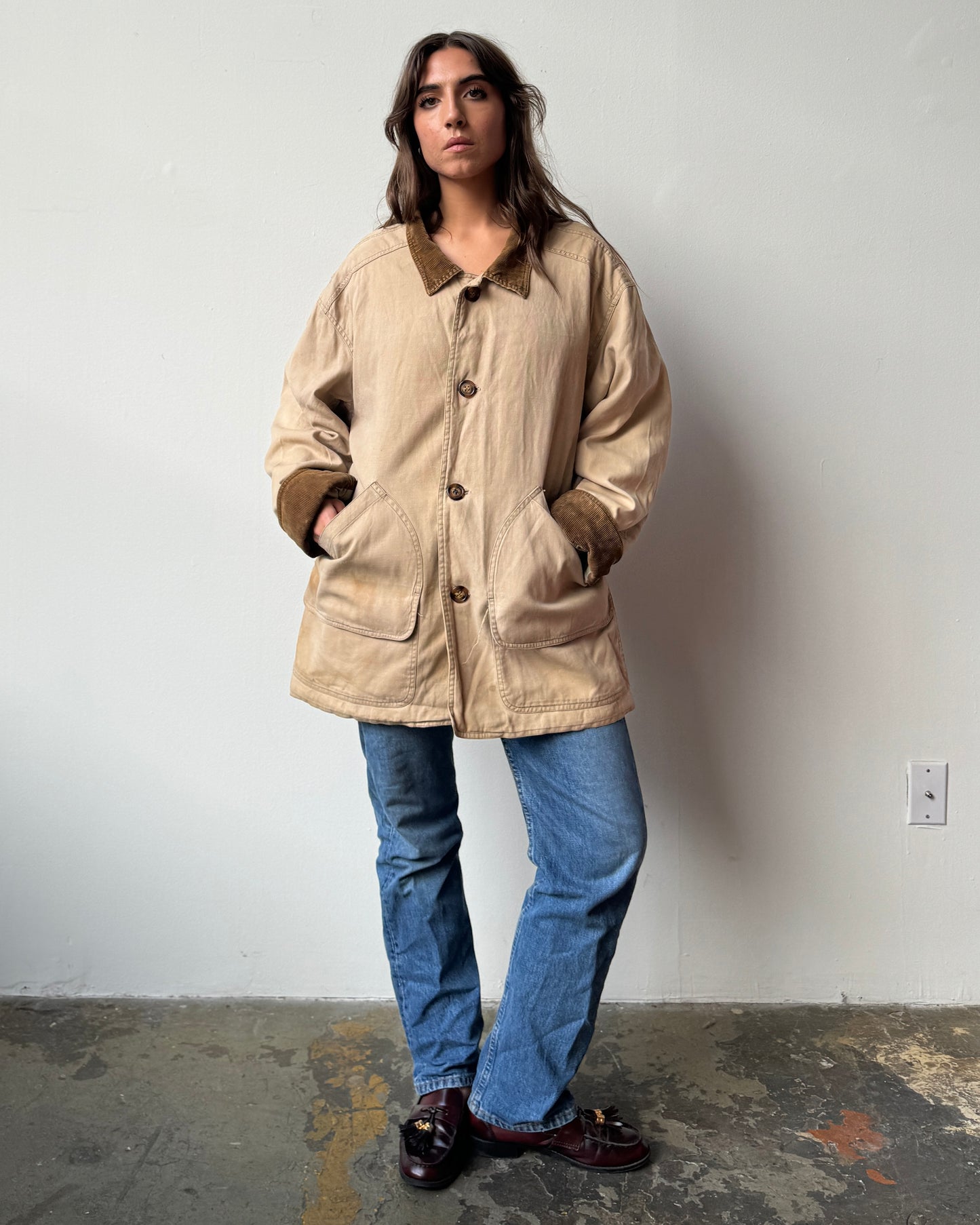 Distressed Corduroy Collar Chore Jacket - L