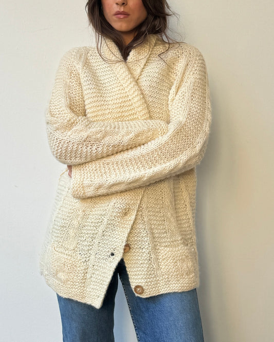 Handknit Cream Cableknit Chunky Sweater - L/XL