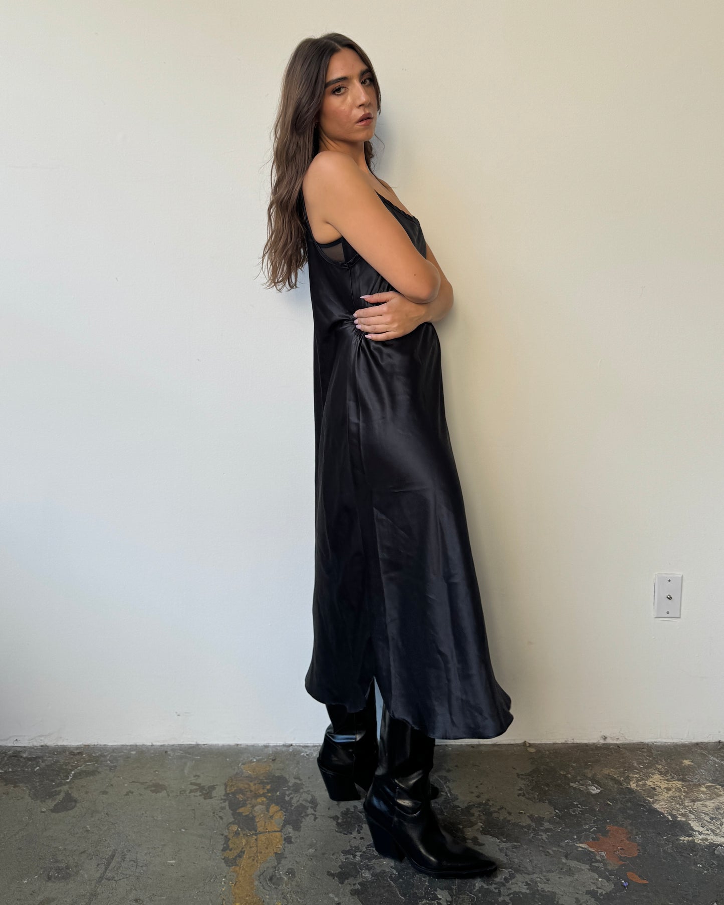 Ink Black Satin Maxi Dress - M-XL