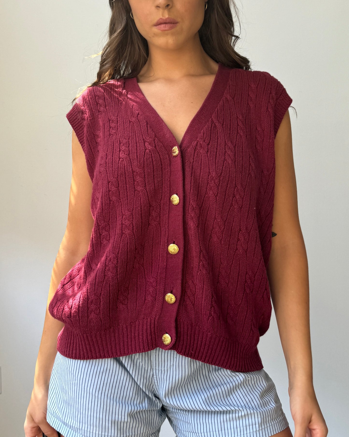 Burgundy Cotton Blend Cable Knit Sweater Vest- S/M/L