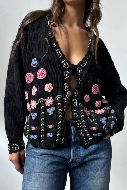 80’s Floral Chunky Knit Cardigan - M/L/XL