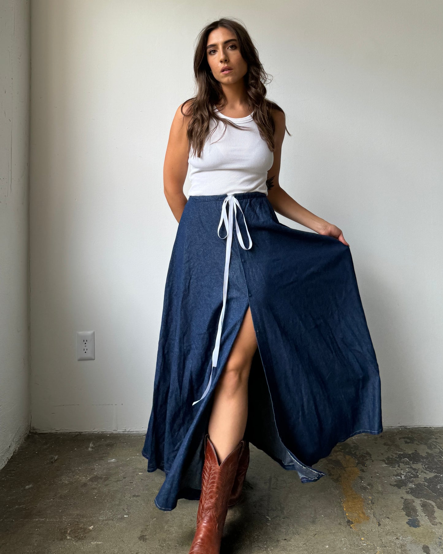 Handmade 100% Cotton Snap Front Denim Maxi Skirt - XS/S/M