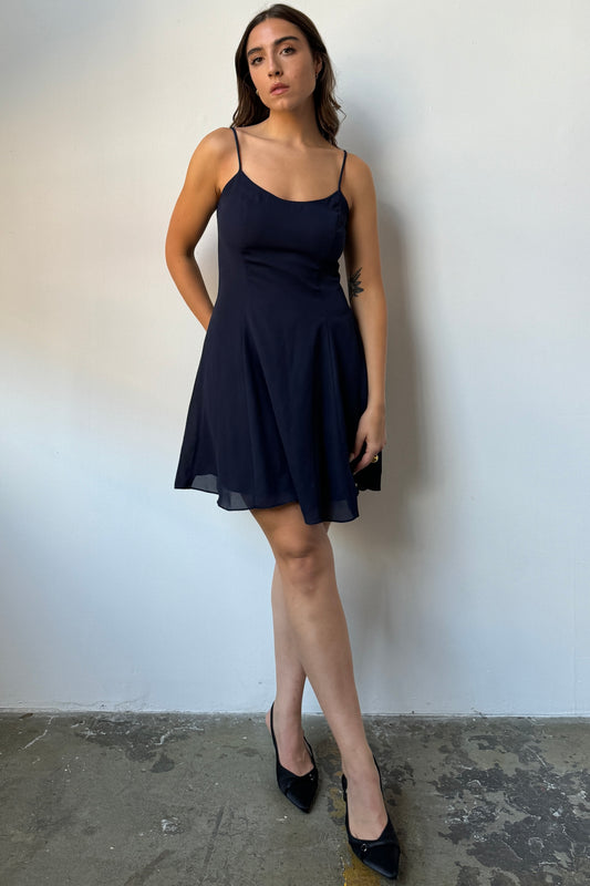 90’s Chiffon Layered Navy Mini Dress - 8