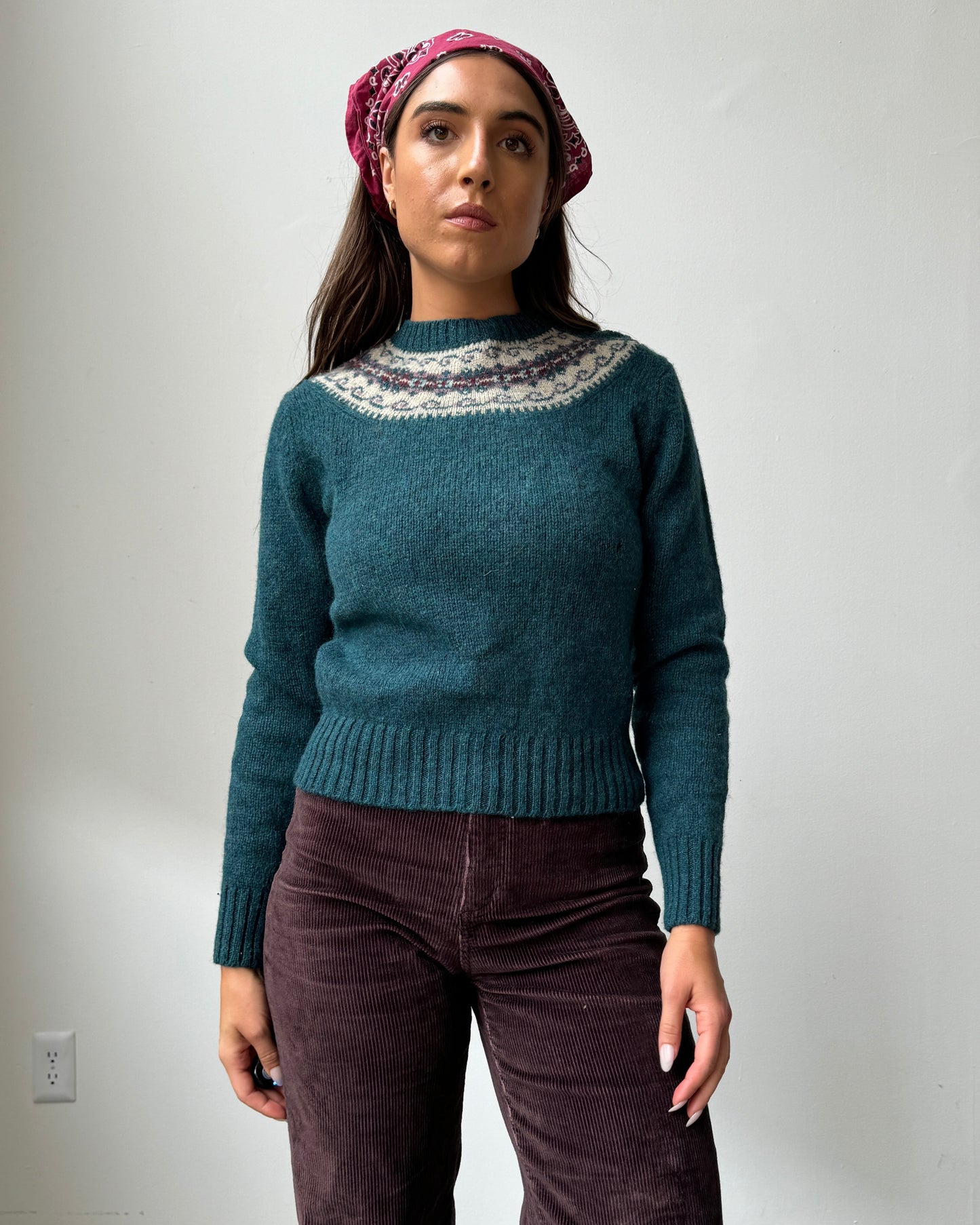 Deep Teal 100% Wool Icelandic Fair Isle Sweater- S/M