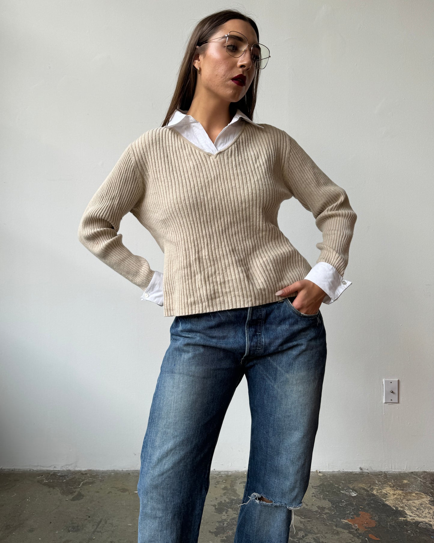 Oatmeal Sweater Collared Top - L/XL