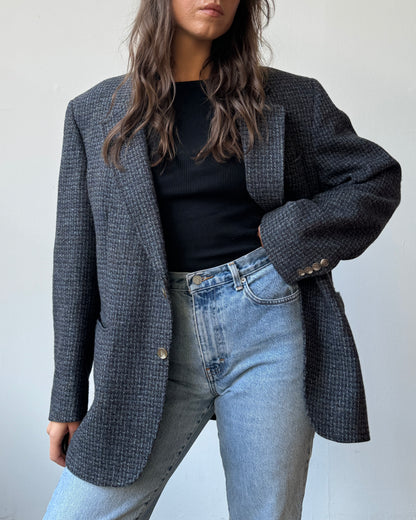 Blue & Multicolor Tweed Oversized Blazer