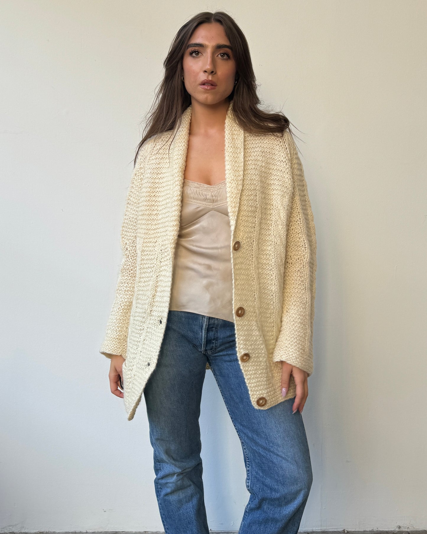 Handknit Cream Cableknit Chunky Sweater - L/XL