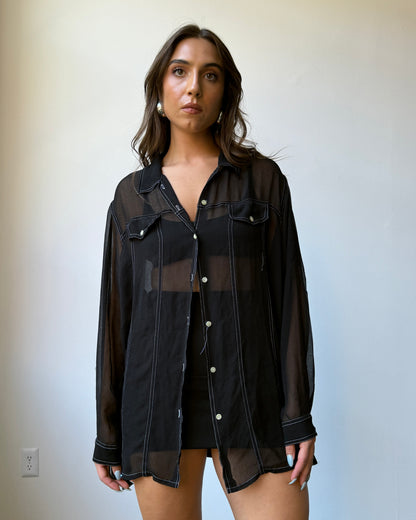 90's Sheer Contrast Stitch Button Down - S-XL