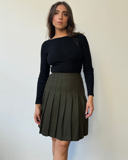 Olive Wool Pleated Skirt- 2