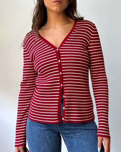 90's Cherry Striped Button Front Ribbed Top - S