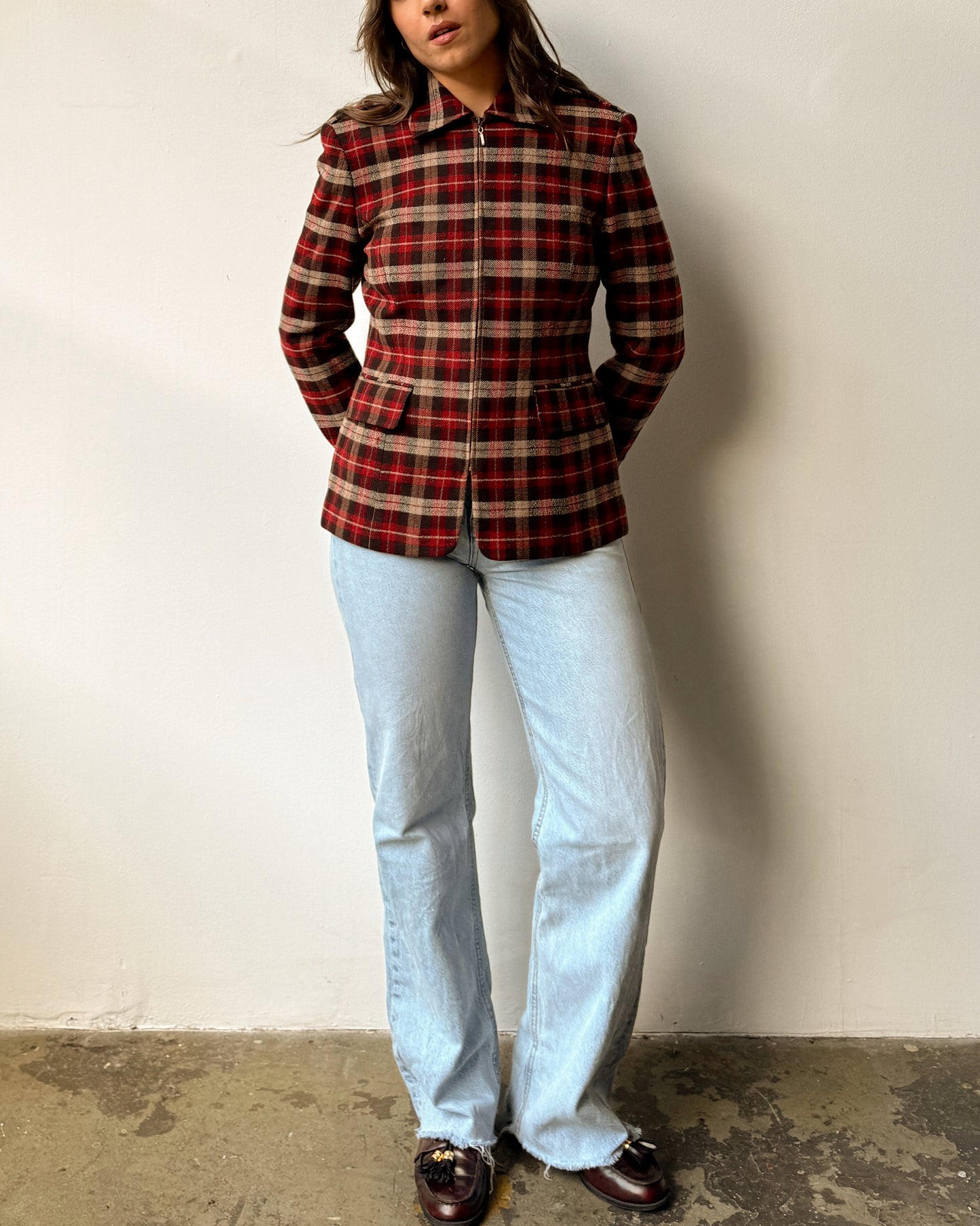 Red Plaid Wool Blazer Jacket - S