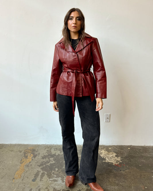 Cherry Leather Tie Waist Jacket - S/M/L